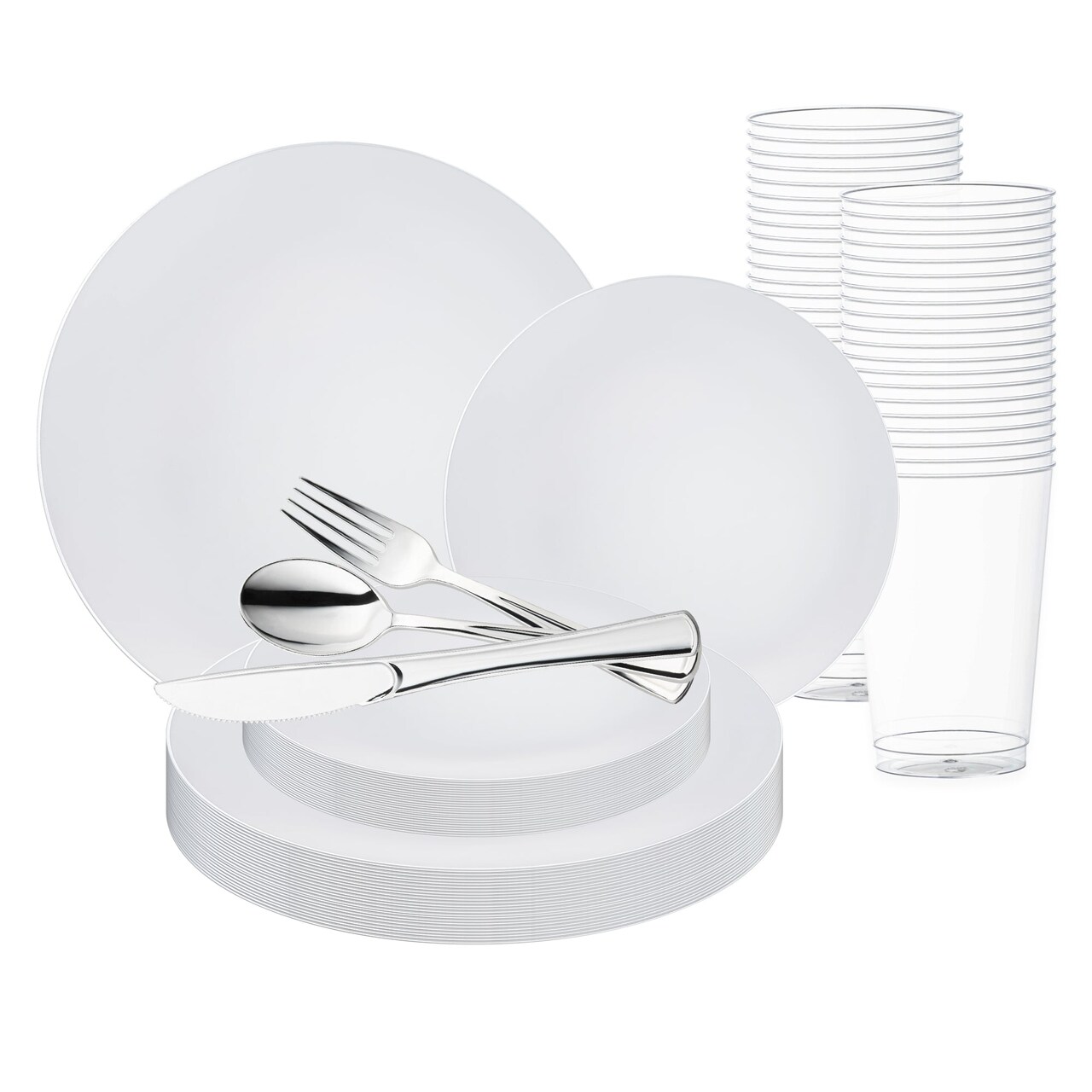 White with Silver Rim Organic Round Disposable Plastic Wedding Value Set (60 Settings)